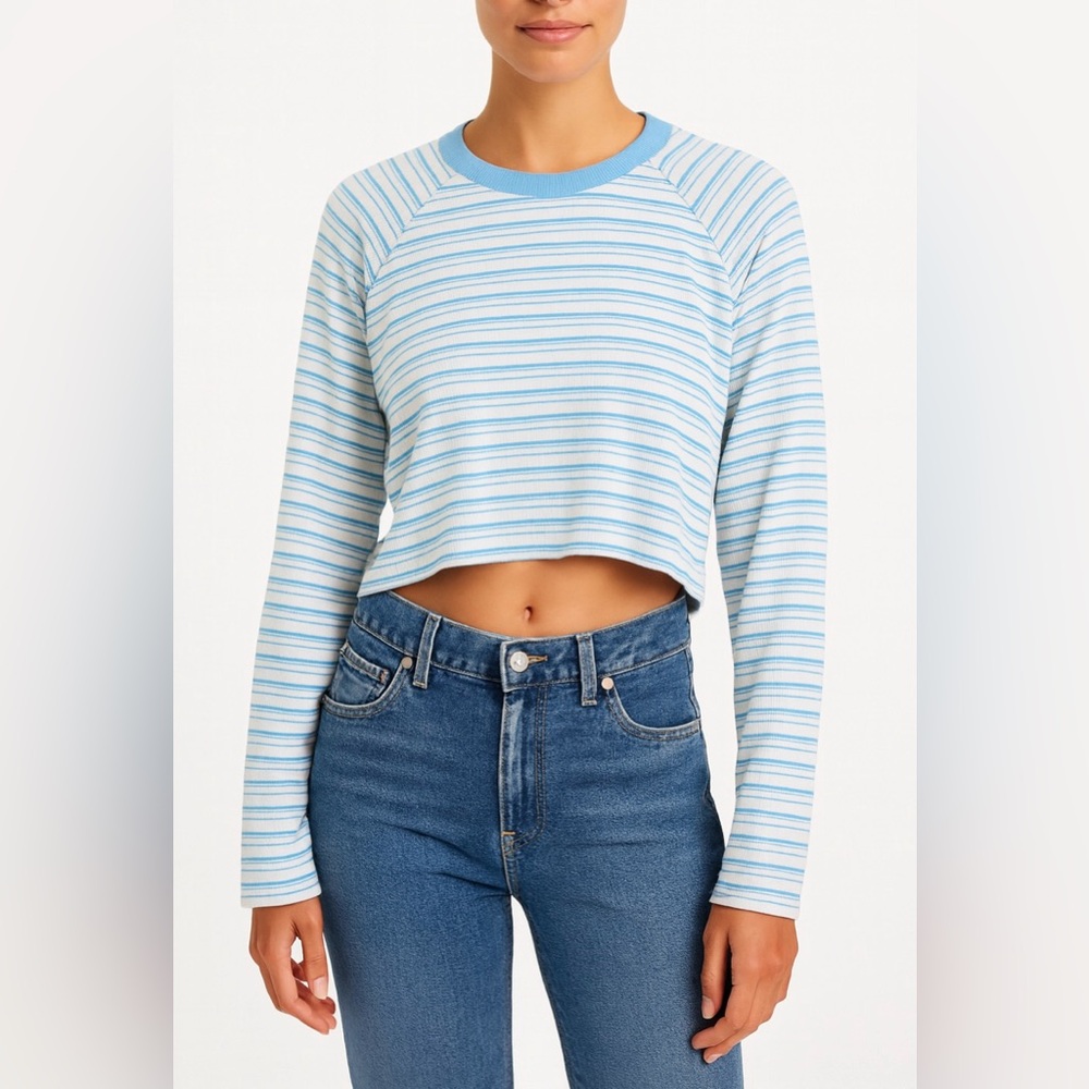 NWT Madewell MWL Supercropped Raglan Tee XS Stripe Oasis Blue Sustainable Cotton
